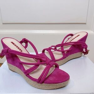 Prada, Fuscia Suede Raffia-Wrapped Espadrille Wedge Sandal, NWOT, Size 7